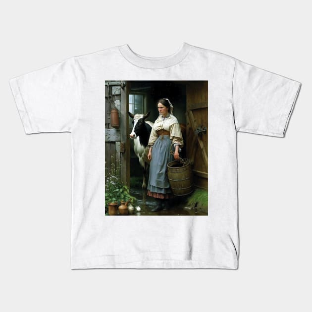 Vintage Oil Painting of Farm Girl and Cow Kids T-Shirt by Walter WhatsHisFace